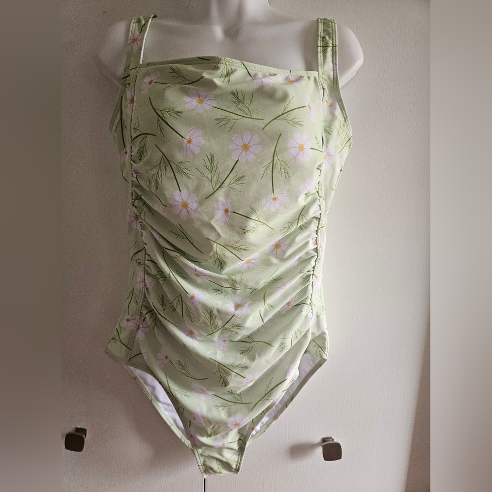 NWT Binlowis Green and Pink Floral One-Piece Swimsuit Ruched Detailing Size XL